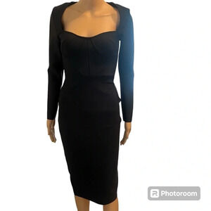 Black Long Sleeve Square Neck Midi Dress – XS | Elegant Bodycon